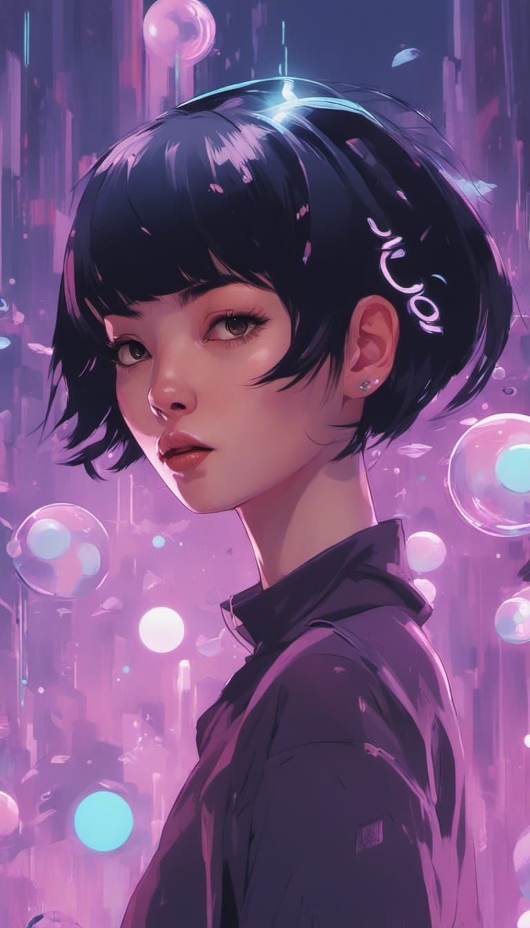 Cyberpunk Woman with Lavender Magic, Digital Art