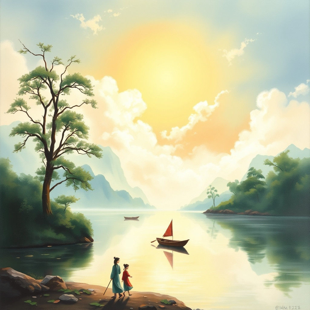 Peaceful Chinese Landscape in Oil Painting Style