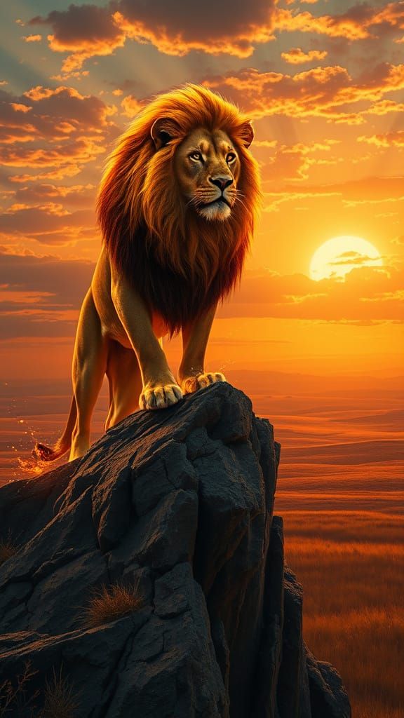 Regal Lion Dominates Golden Sunset Landscape in Vibrant Digi...