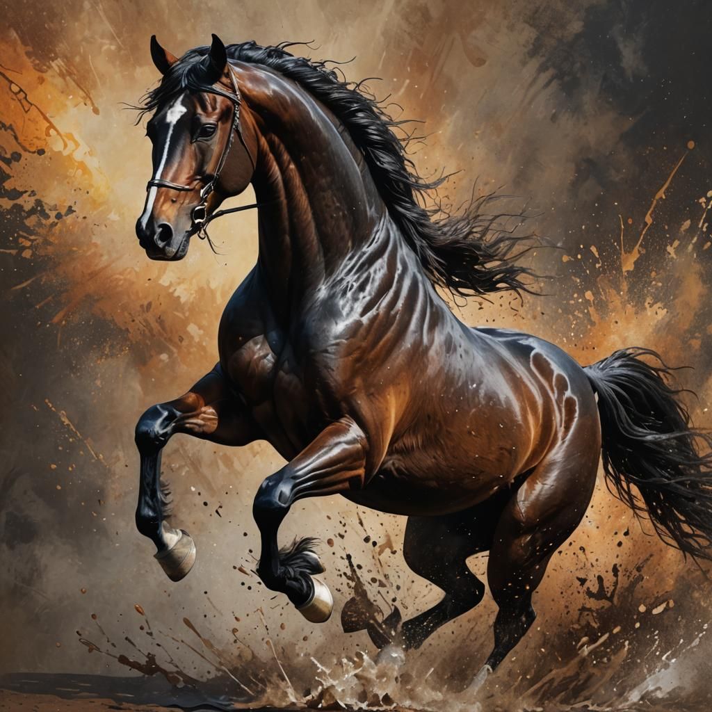 Hyperrealistic Black and Brown Horse in Splash Art Style