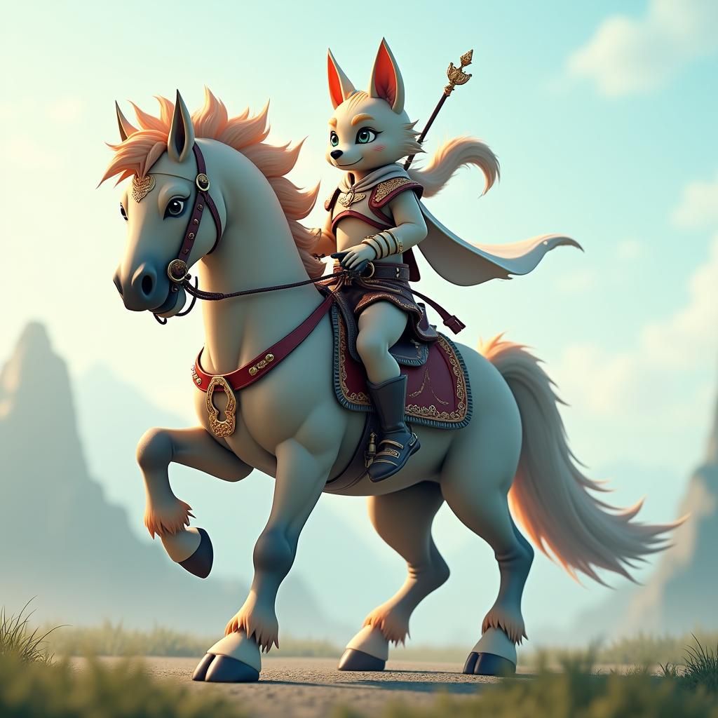 Majestic Cat-Dog Hybrid Rides Horse in Anime Style