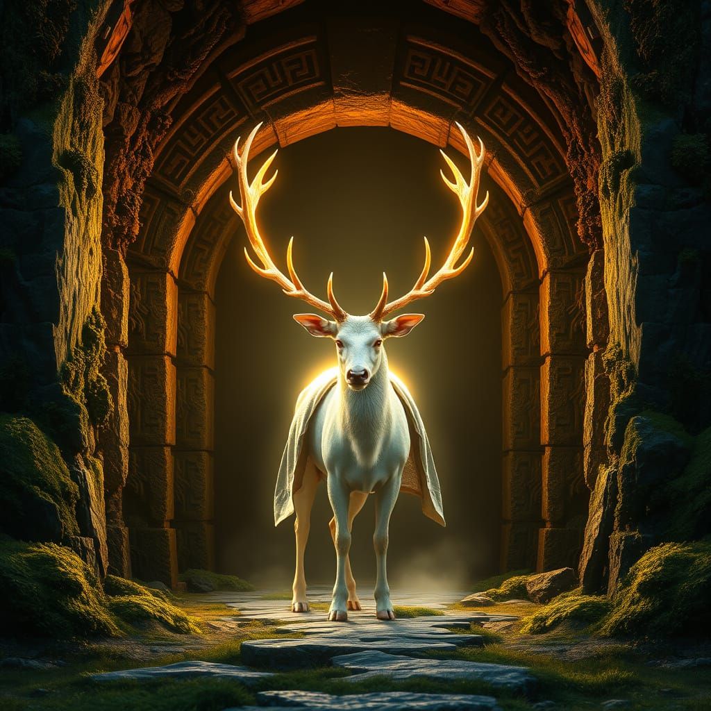 Majestic White Stag in Rune-Carved Gateway