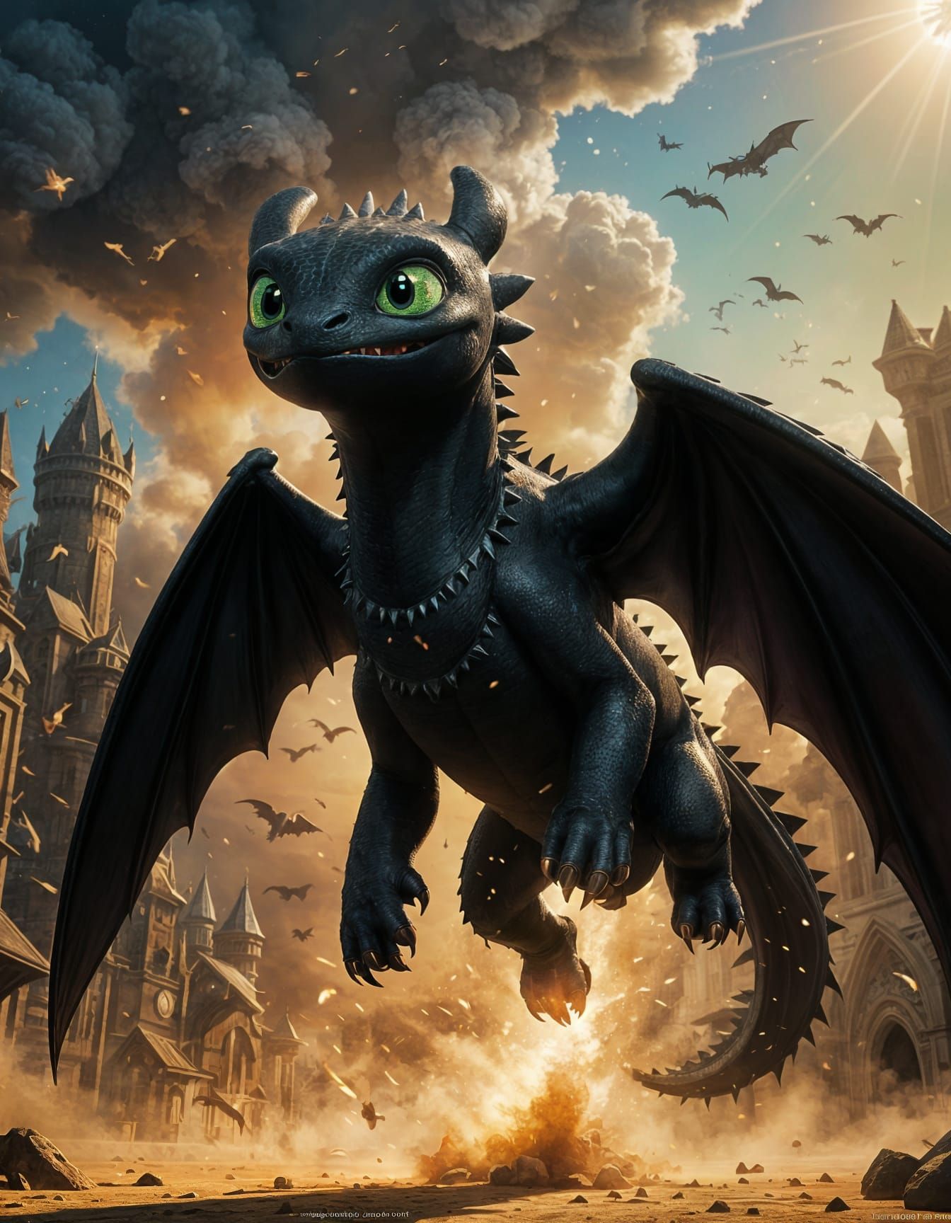 Cute cartoon Night Fury, Tooth from How tontrain Your Dragon, he night with big green eyes with its tail down landing wi...