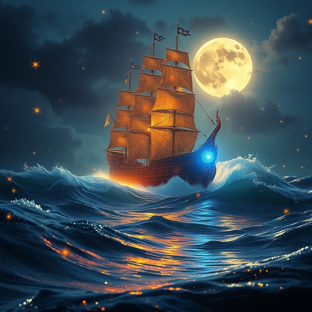 Ocean Waves Ship Under Moon with Gold Sparks