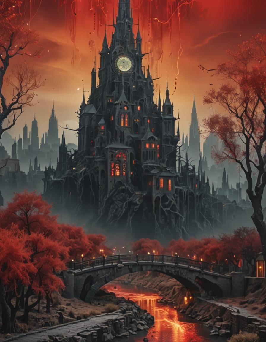 Surreal Fantasy Cityscape with Canals in Art Deco Style