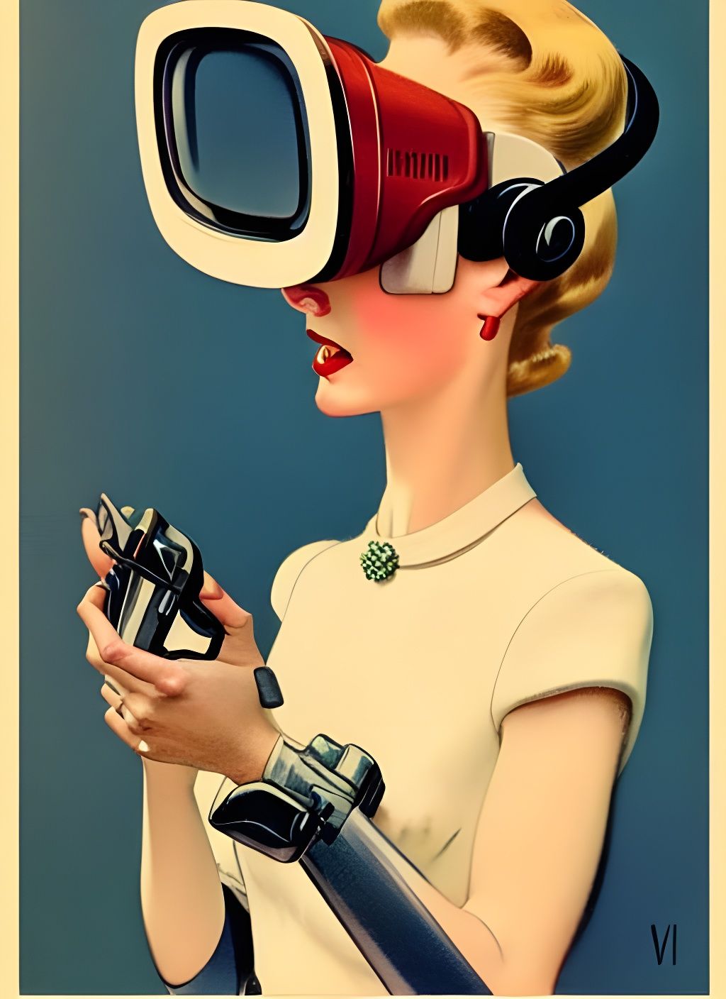 Retro Housewife in VR Headset: Vintage Magazine Art