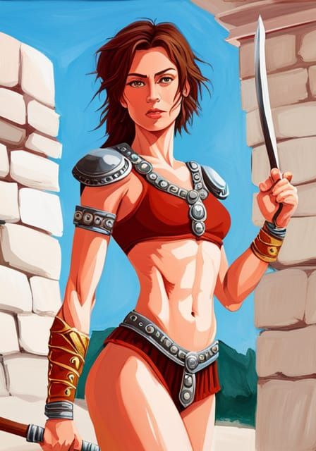Sunlit Female Gladiator in Ancient Arena
