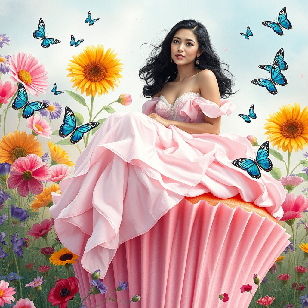 Elegant Woman Sitting on a Giant Cupcake in a Flower Field
