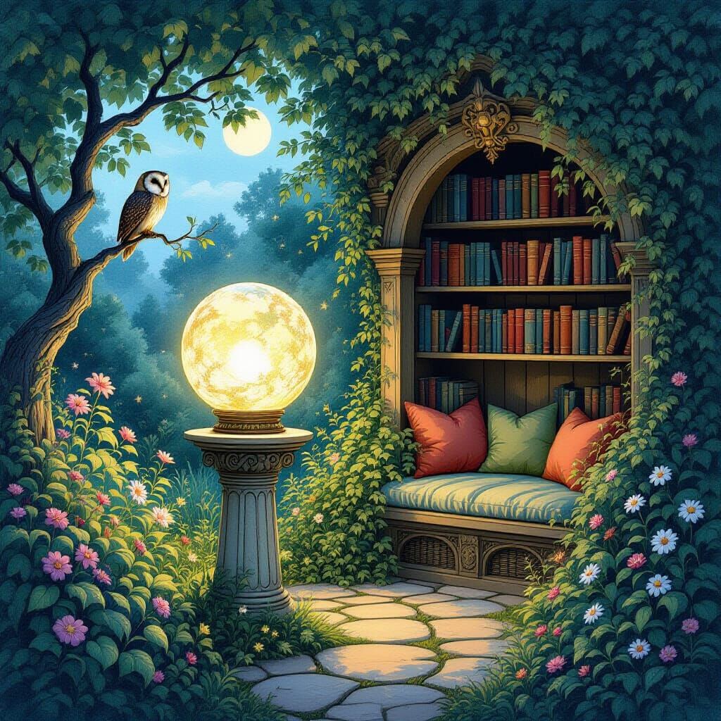 Enchanting Reading Nook in Magical Garden at Twilight