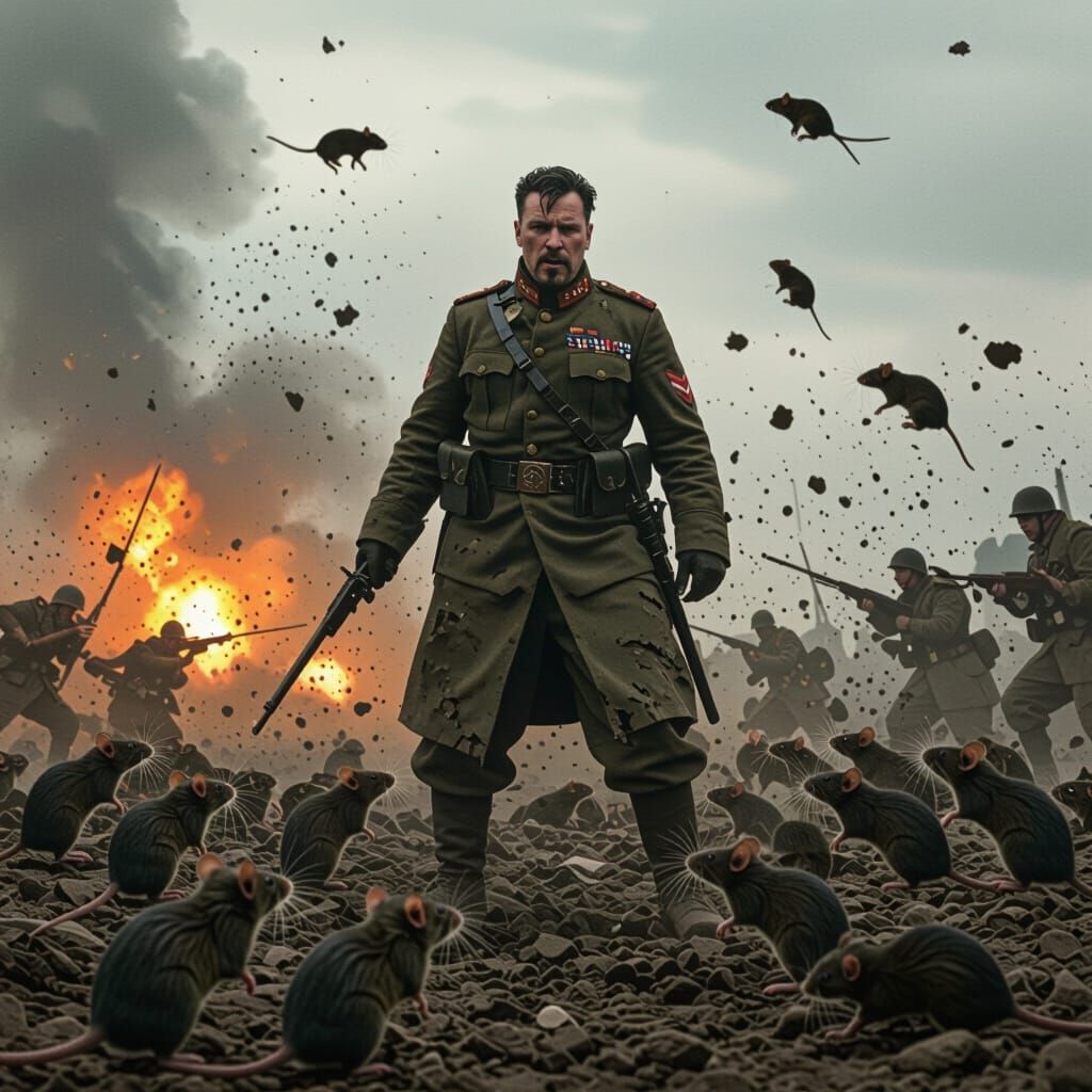 Rat Commander Leading Army on Battlefield in Dark Style