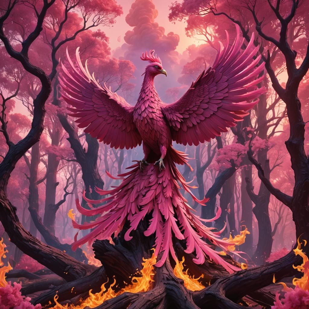 Pink Phoenix in Blazing Forest: Digital Matte Painting