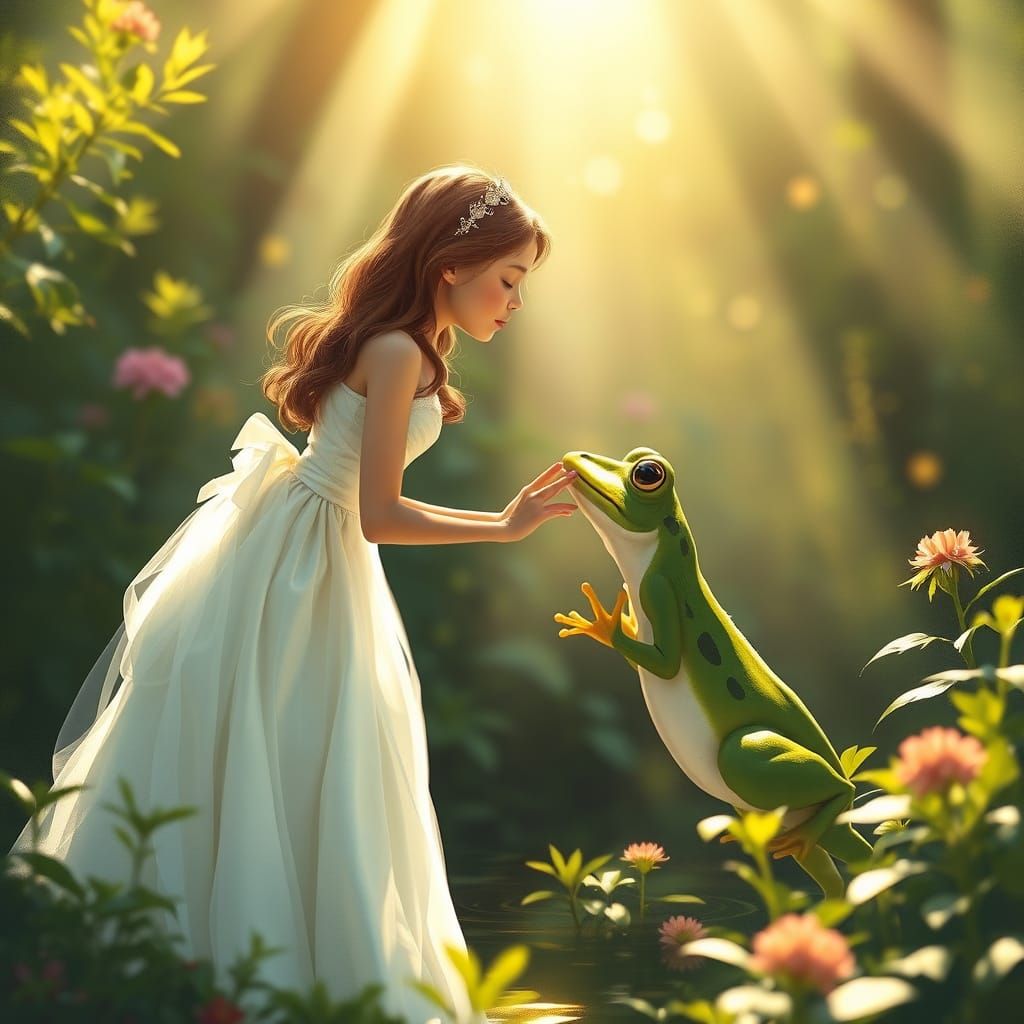 Princess Kisses Frog in Dreamy Soft-Focus Landscape