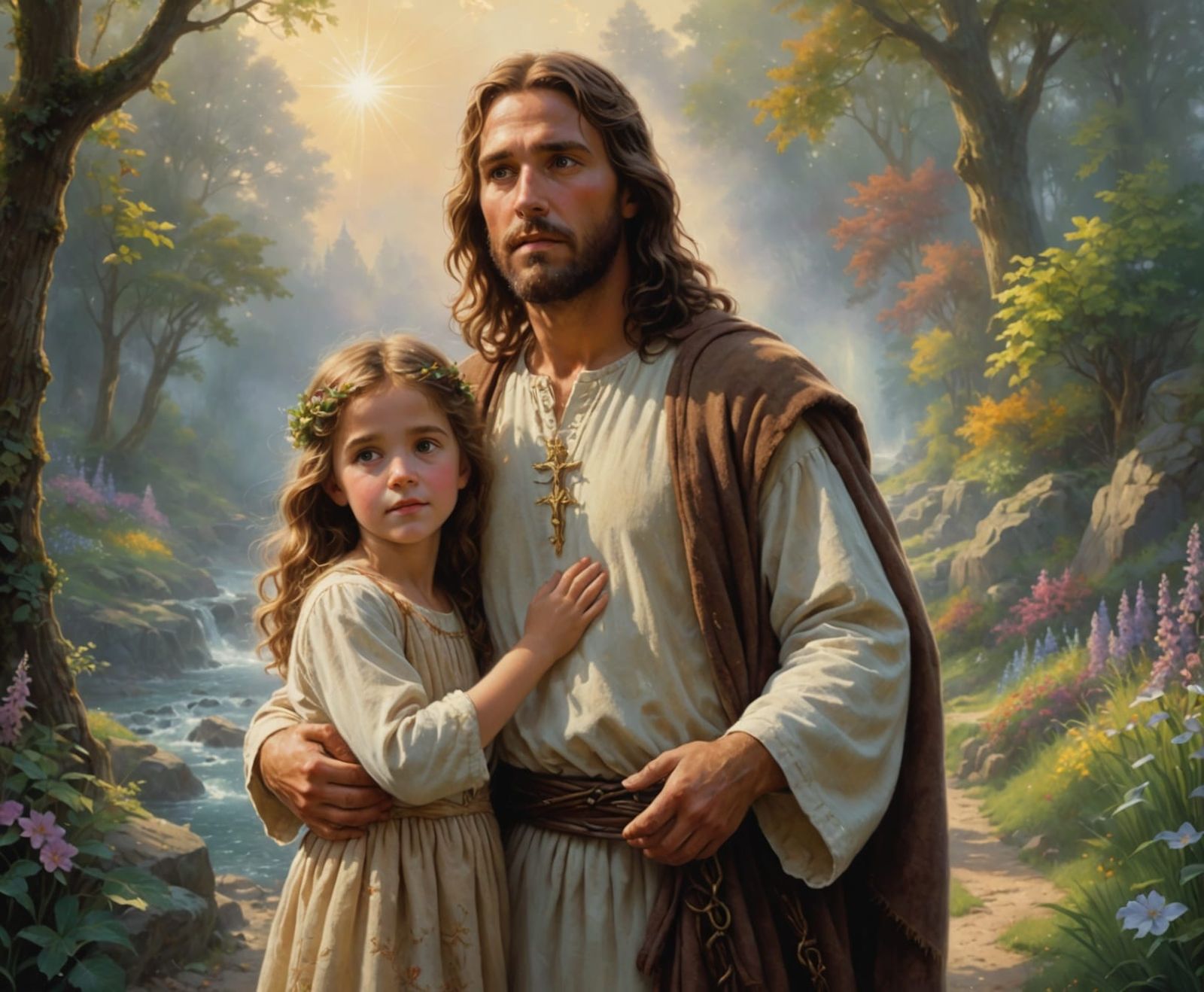 Jesus Carrying a Young Girl in Ethereal Fantasy Realism