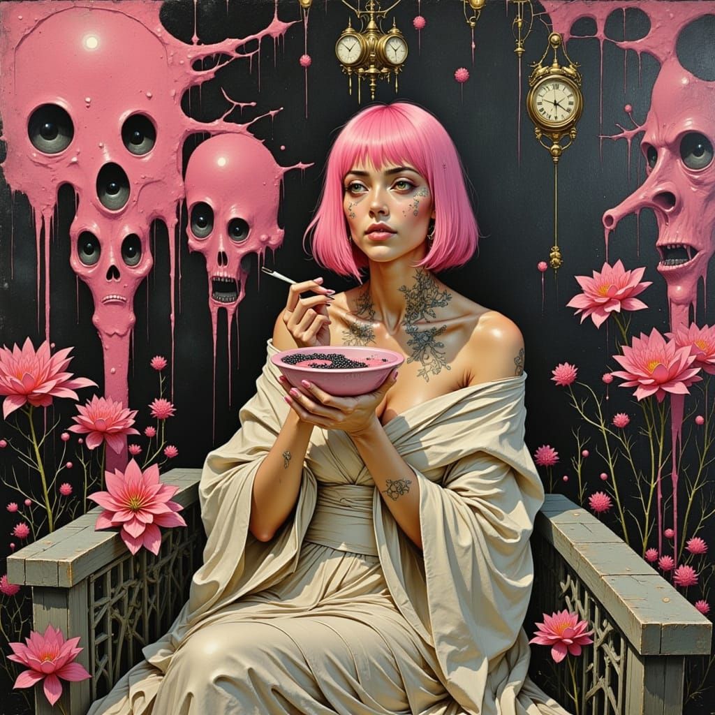 Japanese Woman in Surreal Boudoir with Melting Clocks