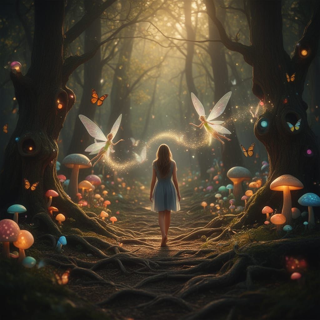 Magical Forest Wonderland with Fairies and Glowing Mushrooms