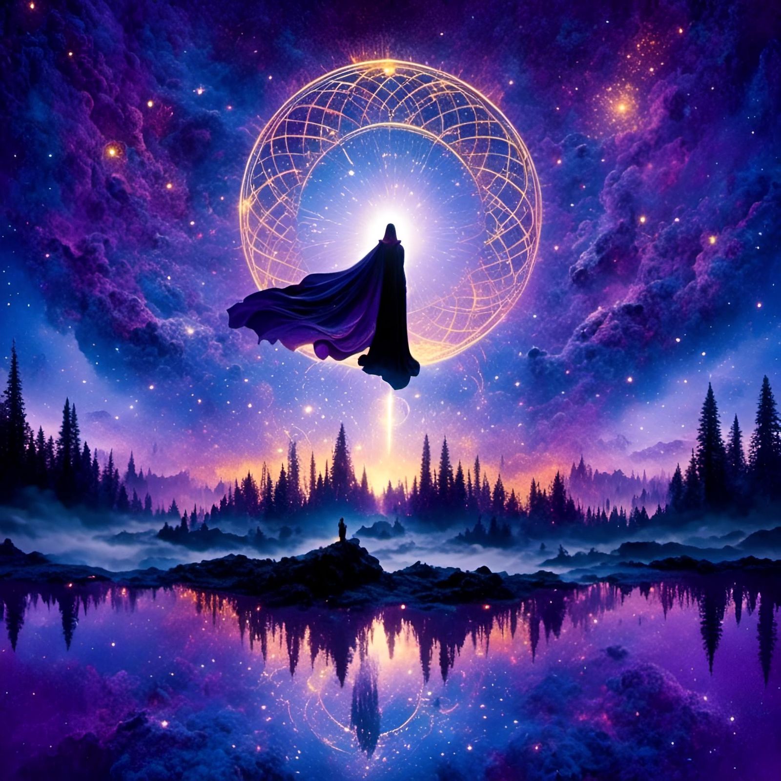 Celestial Cosmic Goddess in Forest Silhouette