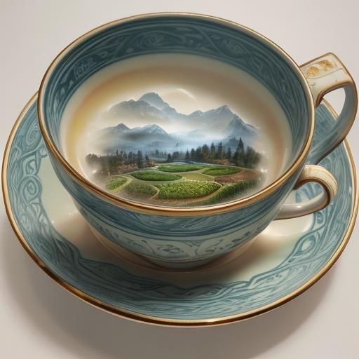 Miniature Landscape Inside Steaming Teacup, Comic Book Art