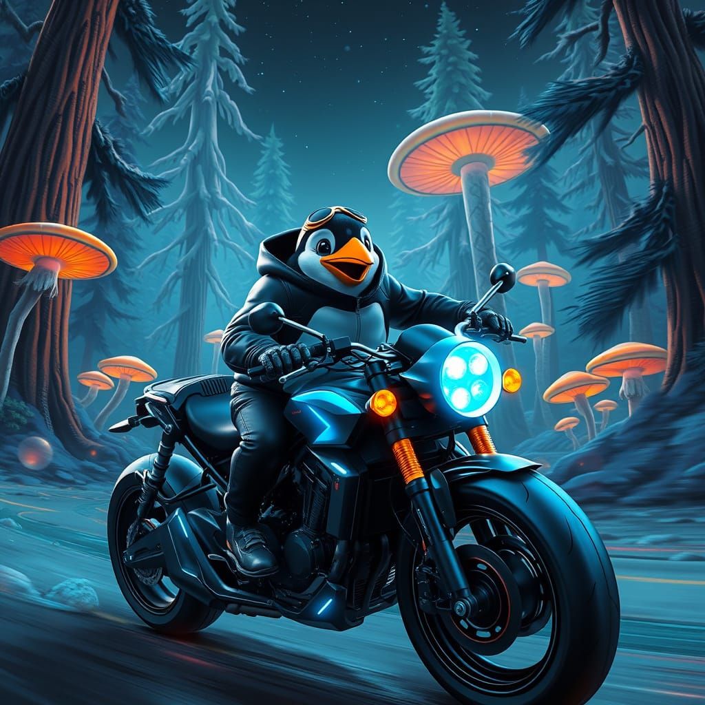 Penguin Rides Retro-Futuristic Motorbike Under Starry Night ...