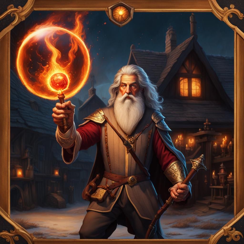 wizard with fireball in one hand and staff in another hand and tavern and house behind him