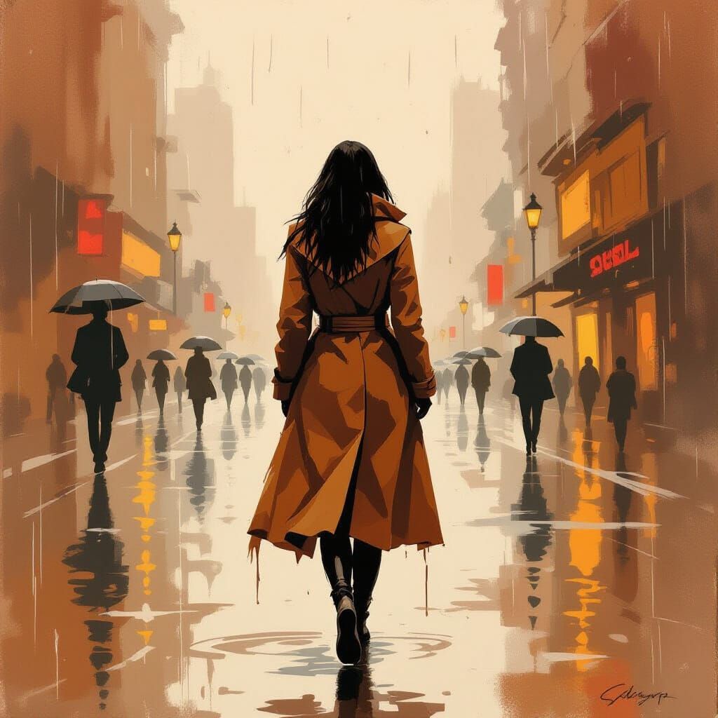 Woman Walking in Rainy Ochre Landscape, Futuristic Art