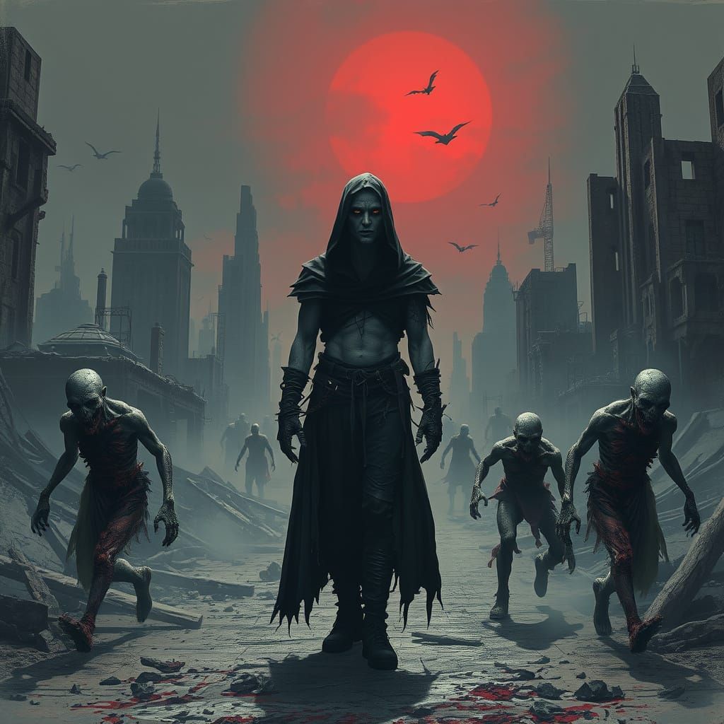 Vampire in Post-Apocalyptic City Approached by Zombies