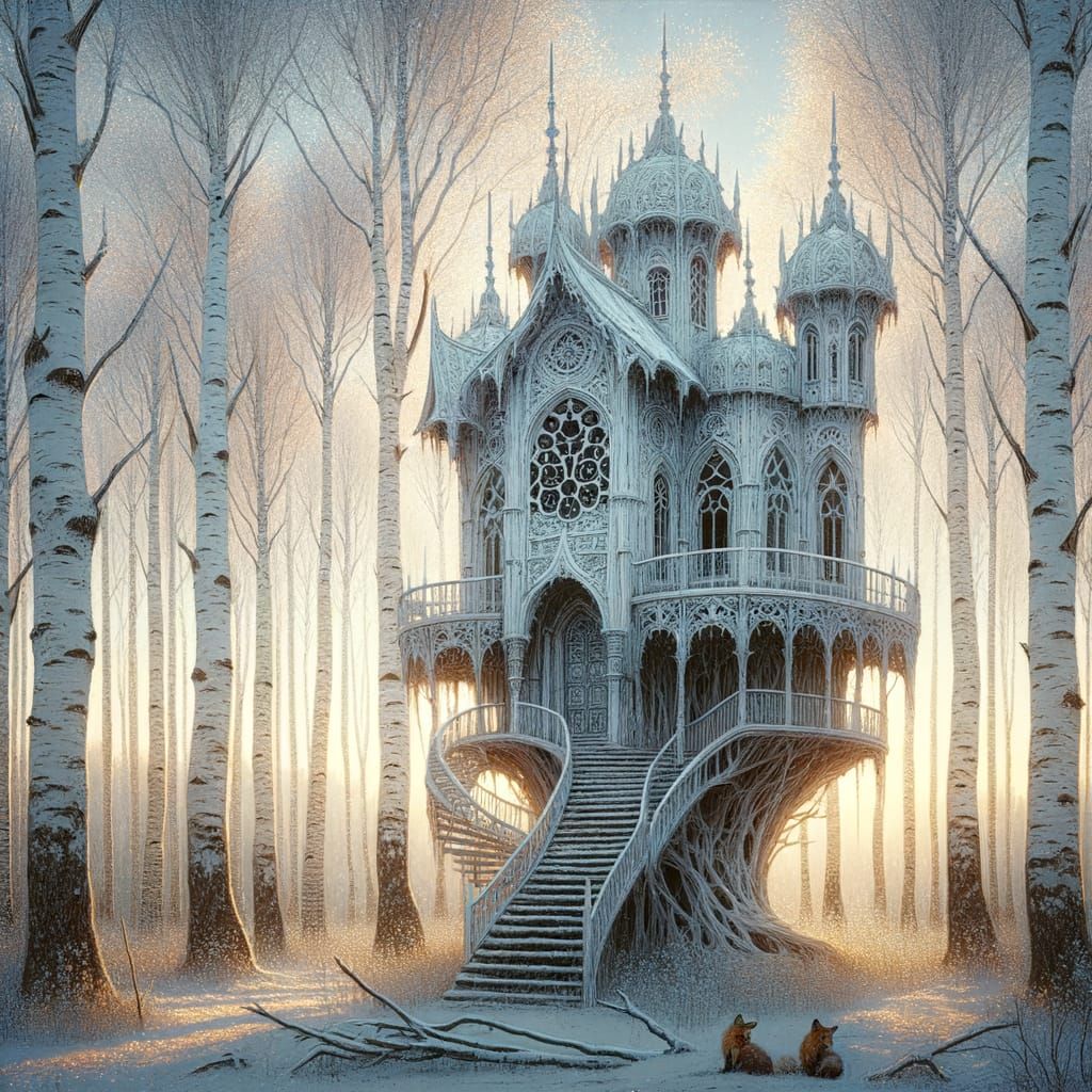 Ethereal Gothic Treehouse Amidst Luminous Birch Trees