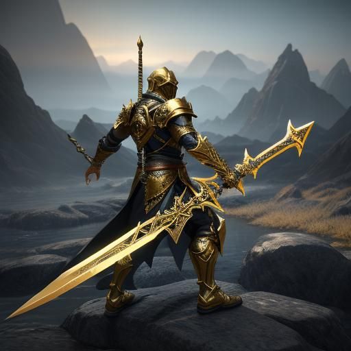 Fantasy Golden Sword in 3D Game Cinematic Style