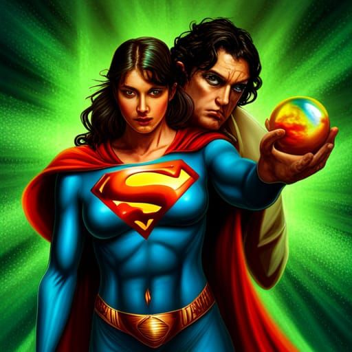 Superman Gazes at Woman with Green Orb