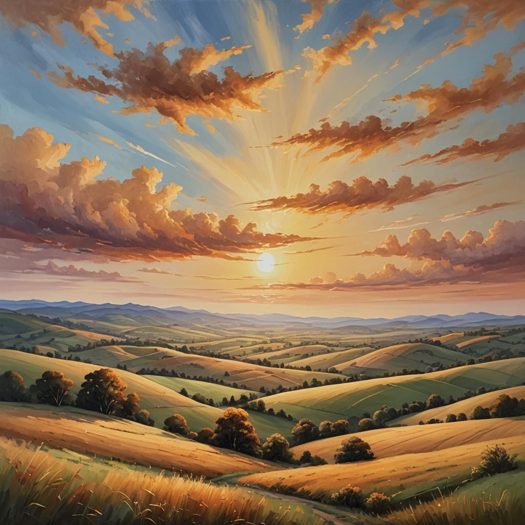 Warm Sunset Over Hills as Oil Painting