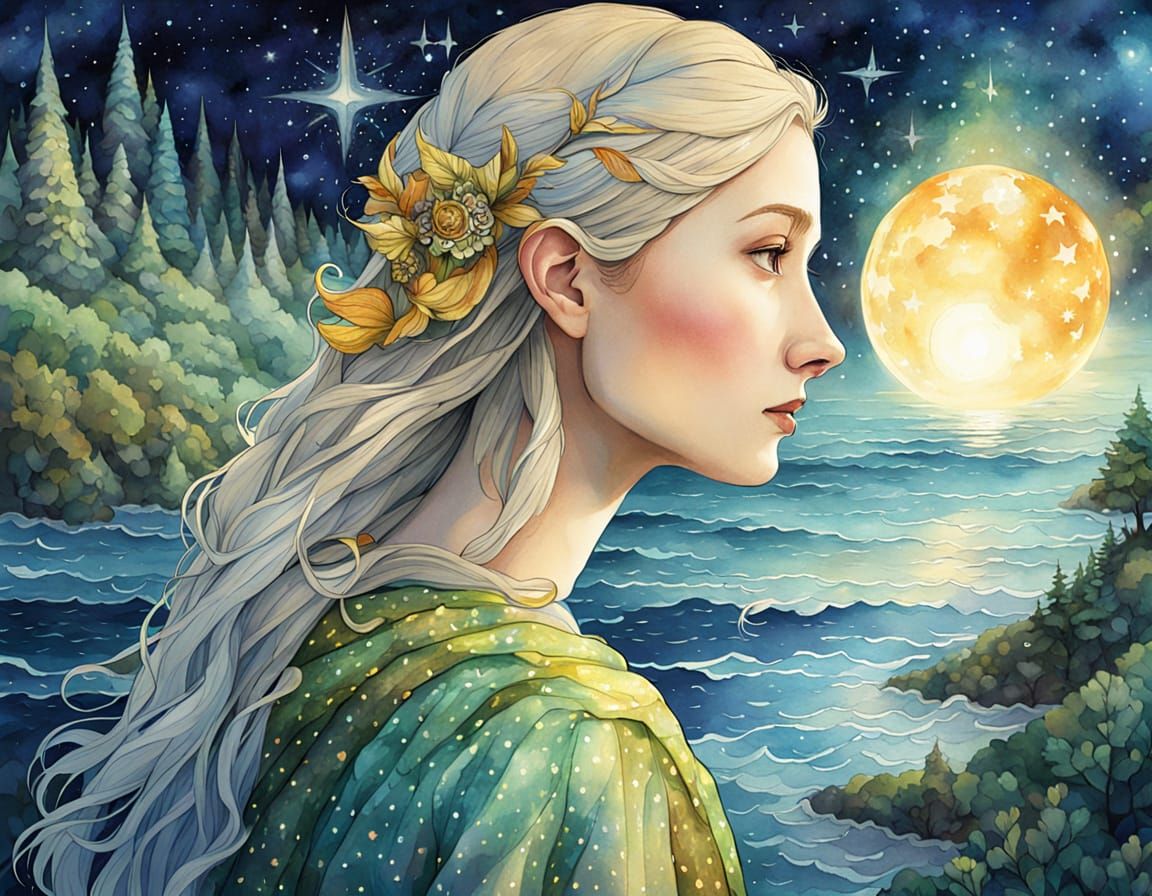 Ethereal Elf Portrait in Patchwork Aquarelle Style