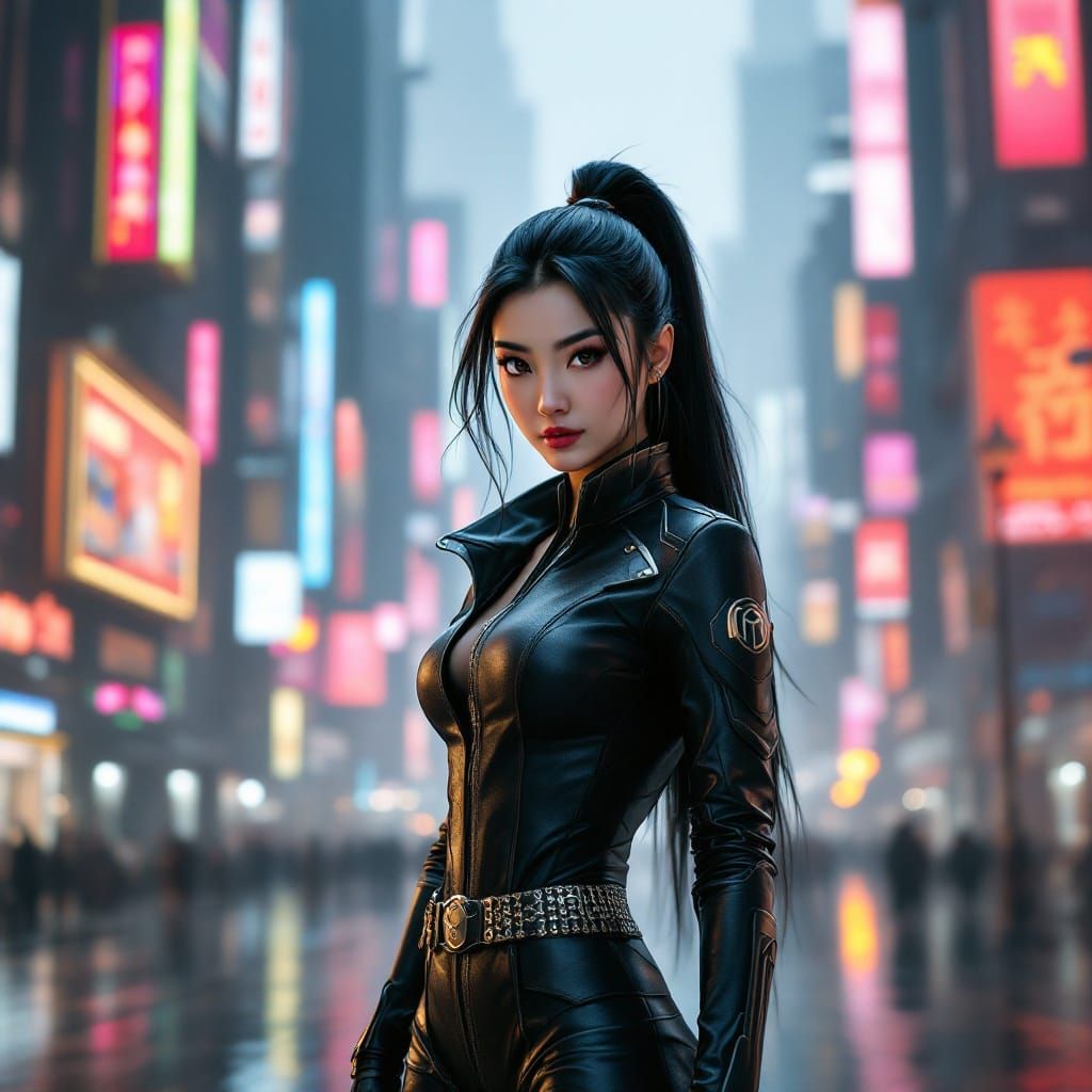 Cyberpunk Princess Mulan in High-Tech Cityscape