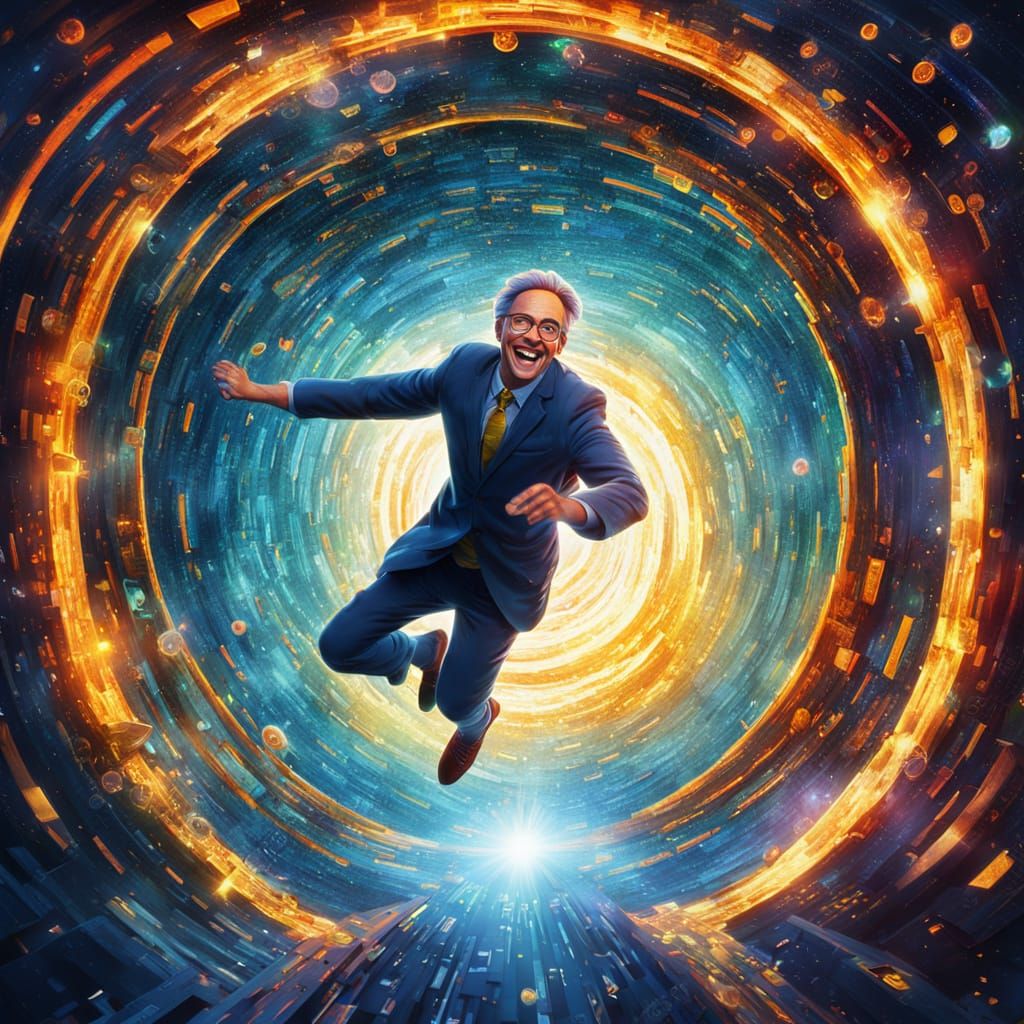 Surreal Oil Painting of Scientist Leaping into Cosmic Portal