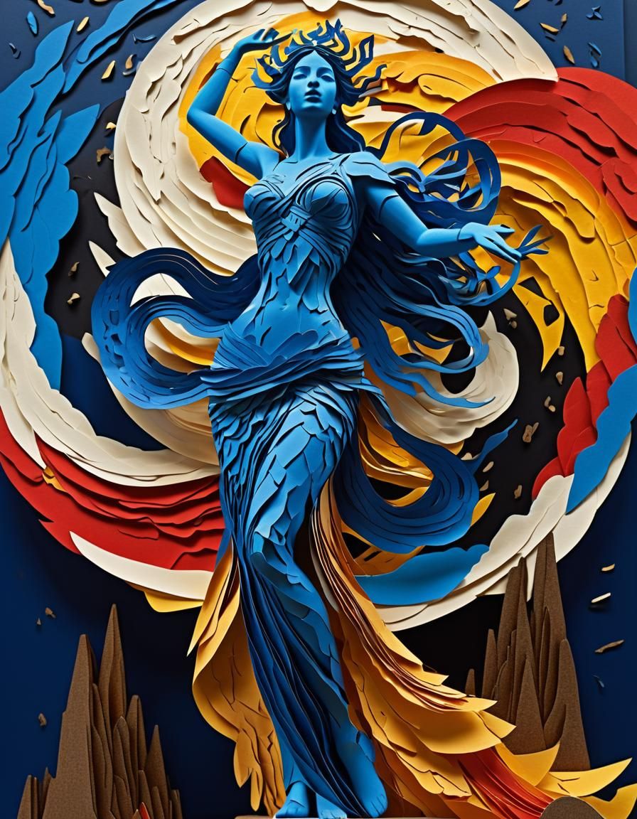 Earth Goddess in Stormy Landscape: Cut Paper Collage