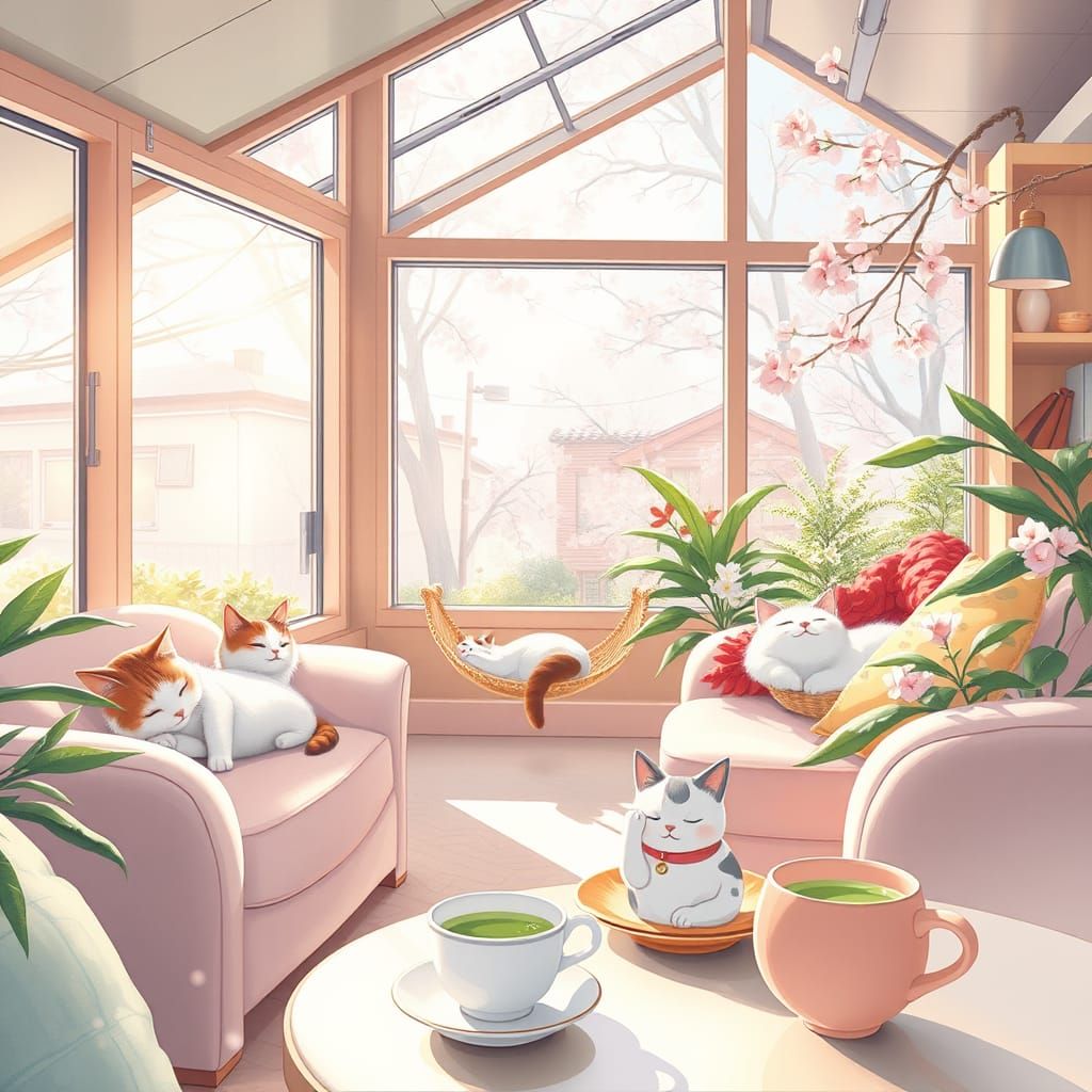 Whimsical Cat Café in Soft Pastel Hues with Cherry Blossoms