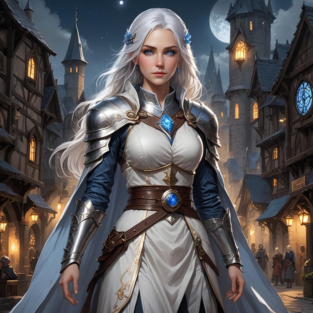 Aasimar Healing Cleric in Moonlit Town