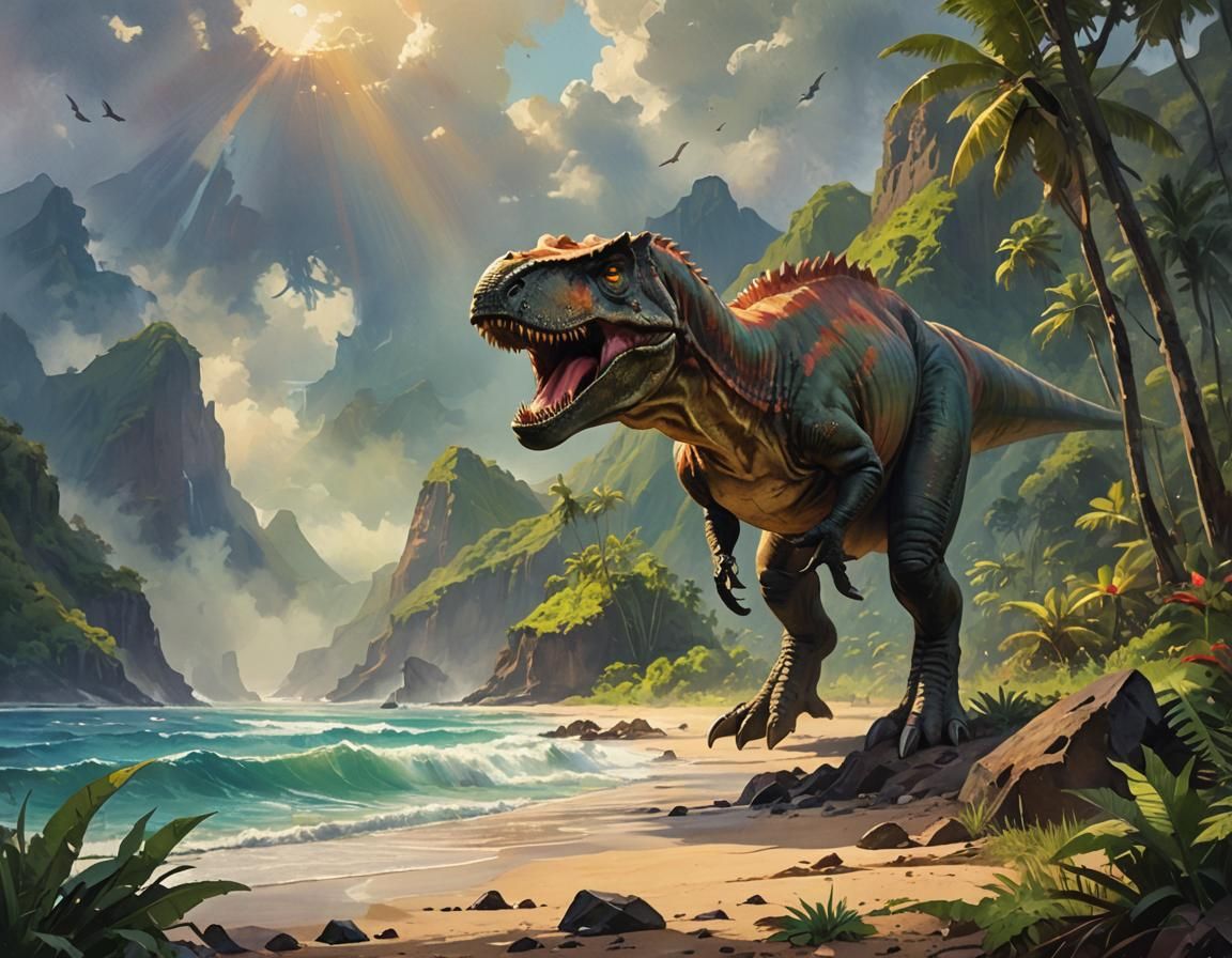 T-Rex Roams Na Pali Coast: Watercolor and Oil