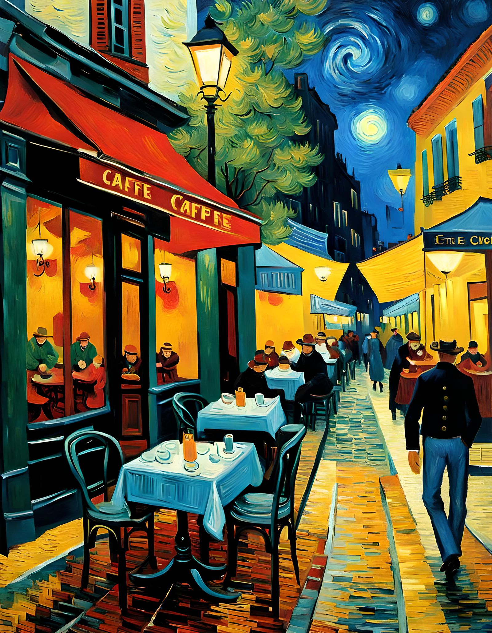 French Cafe at Night in Impasto Style