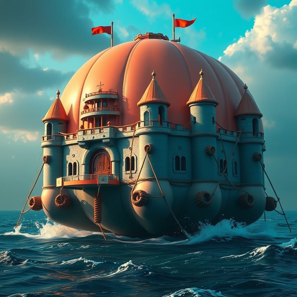 Inflatable Castle Floating on the Ocean: Matte Painting