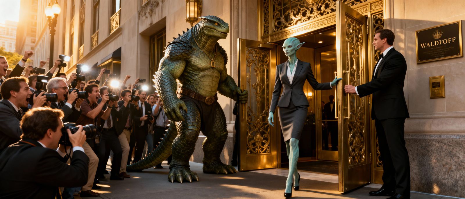 Alien CEO Arrives at Waldorf Astoria with Reptilian Bodyguar...