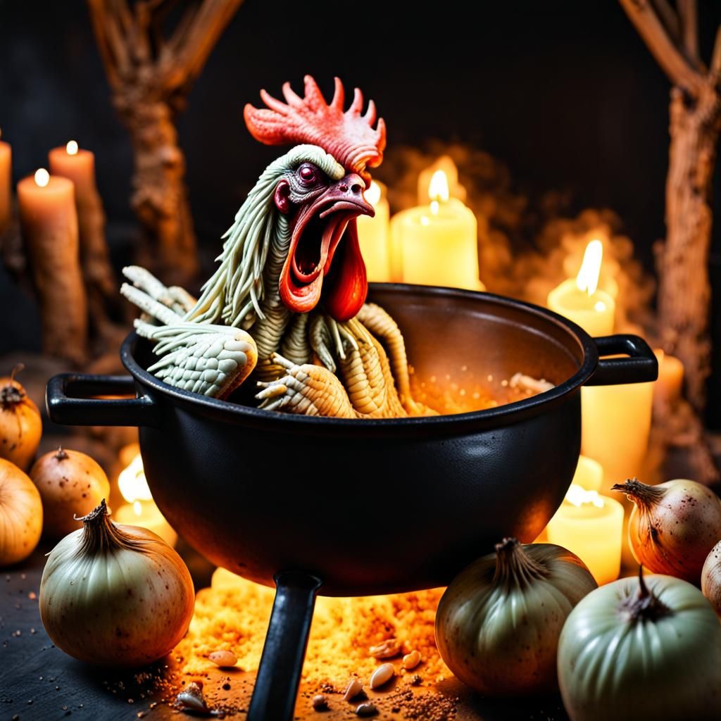 Zombie Chickens Brew in Cauldron