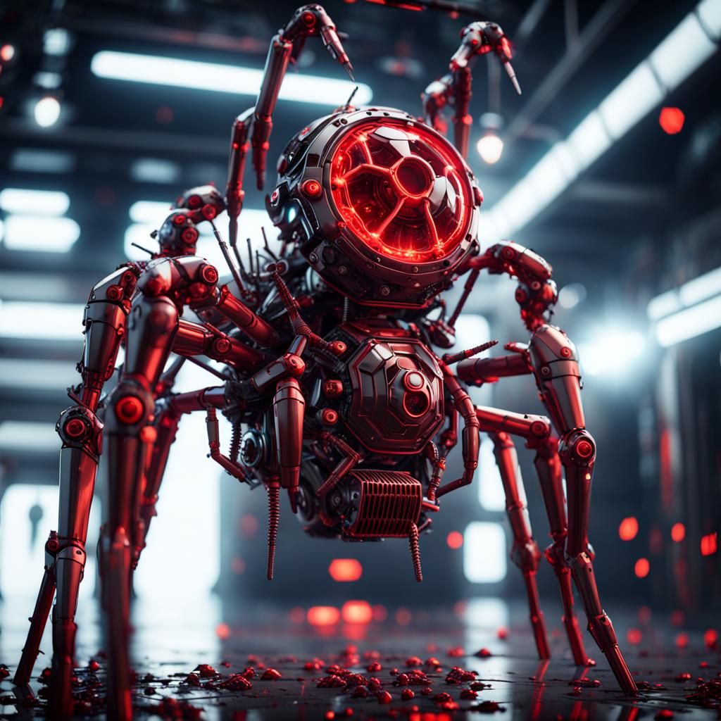 Futuristic Red Mechanical Spider Drone in Sci-Fi Style