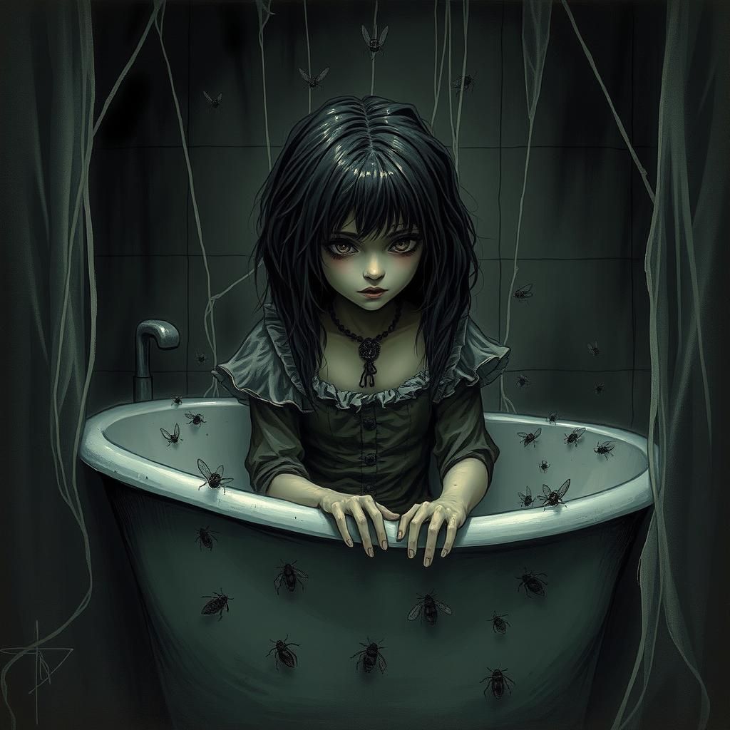 Girl in Victorian Era Bathtub, Gothic Art Style