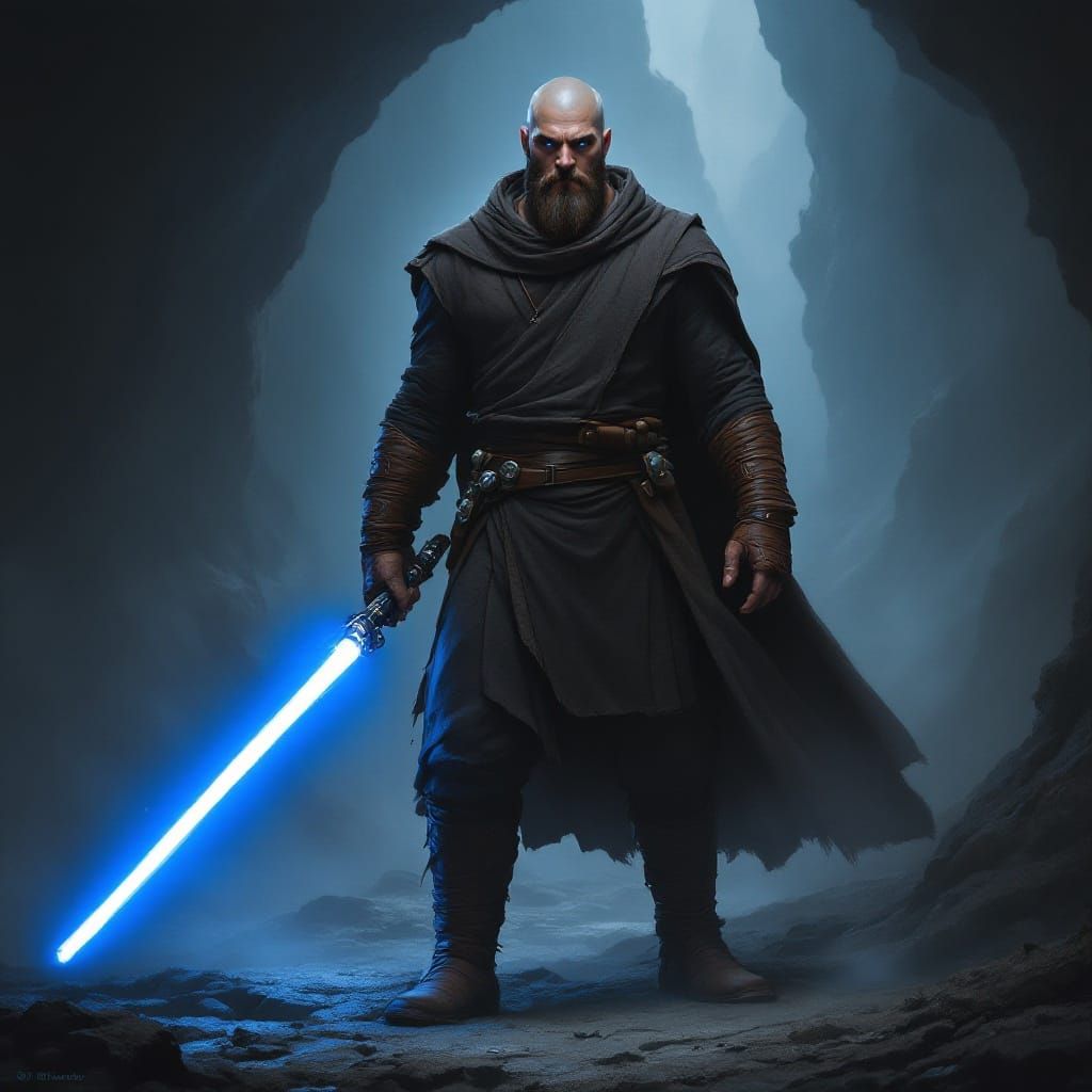 Cyberpunk Jedi Master Ignites Blue Lightsaber in Dark Cave