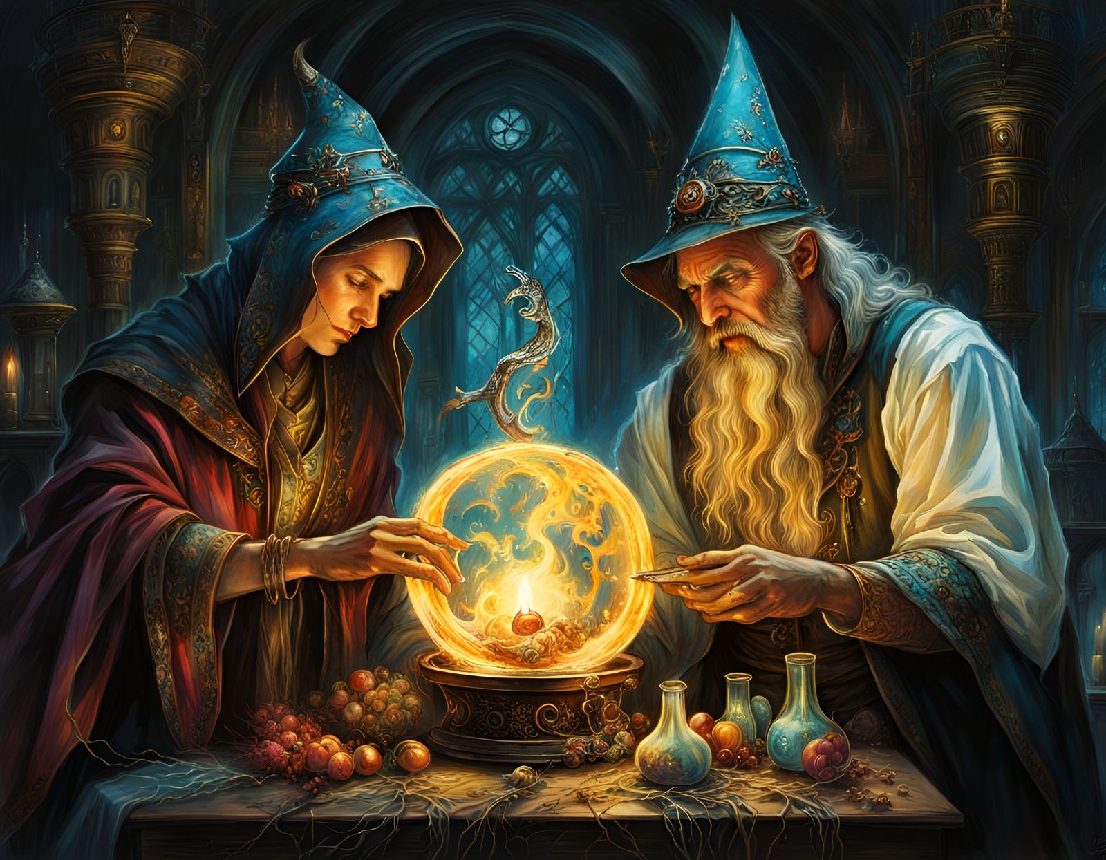 Evil Sorcerer and Apprentice with Magic Orb