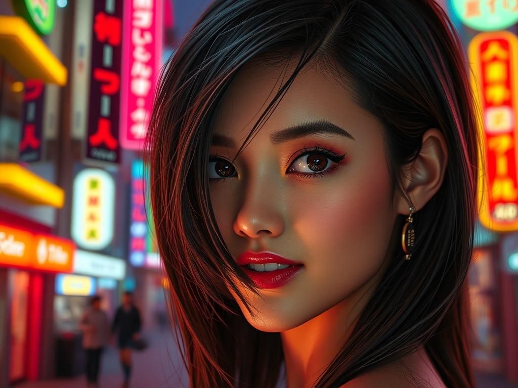 Neon Cyberpunk Portrait of Brunette with Yearning Gaze