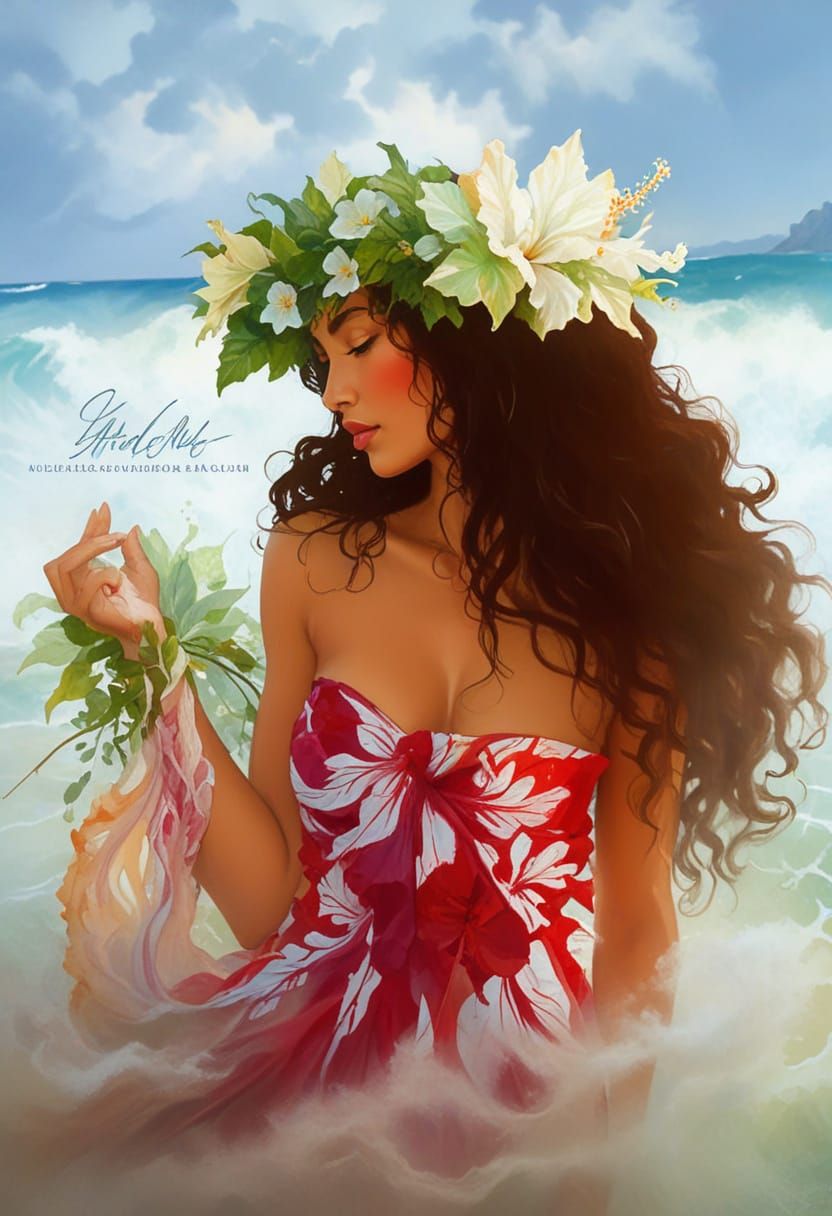 Surreal Hula Dancer in Lush Foliage, Maximalist Style