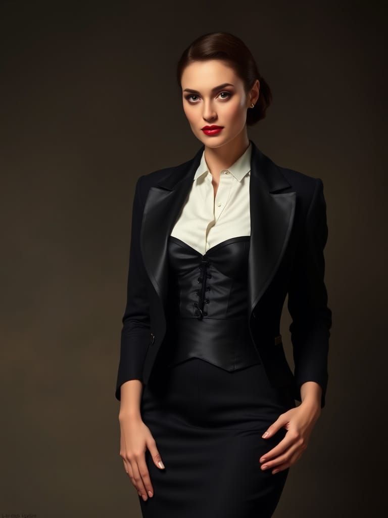 Elegant Film Noir Woman in Satin Corset and Peak Lapels