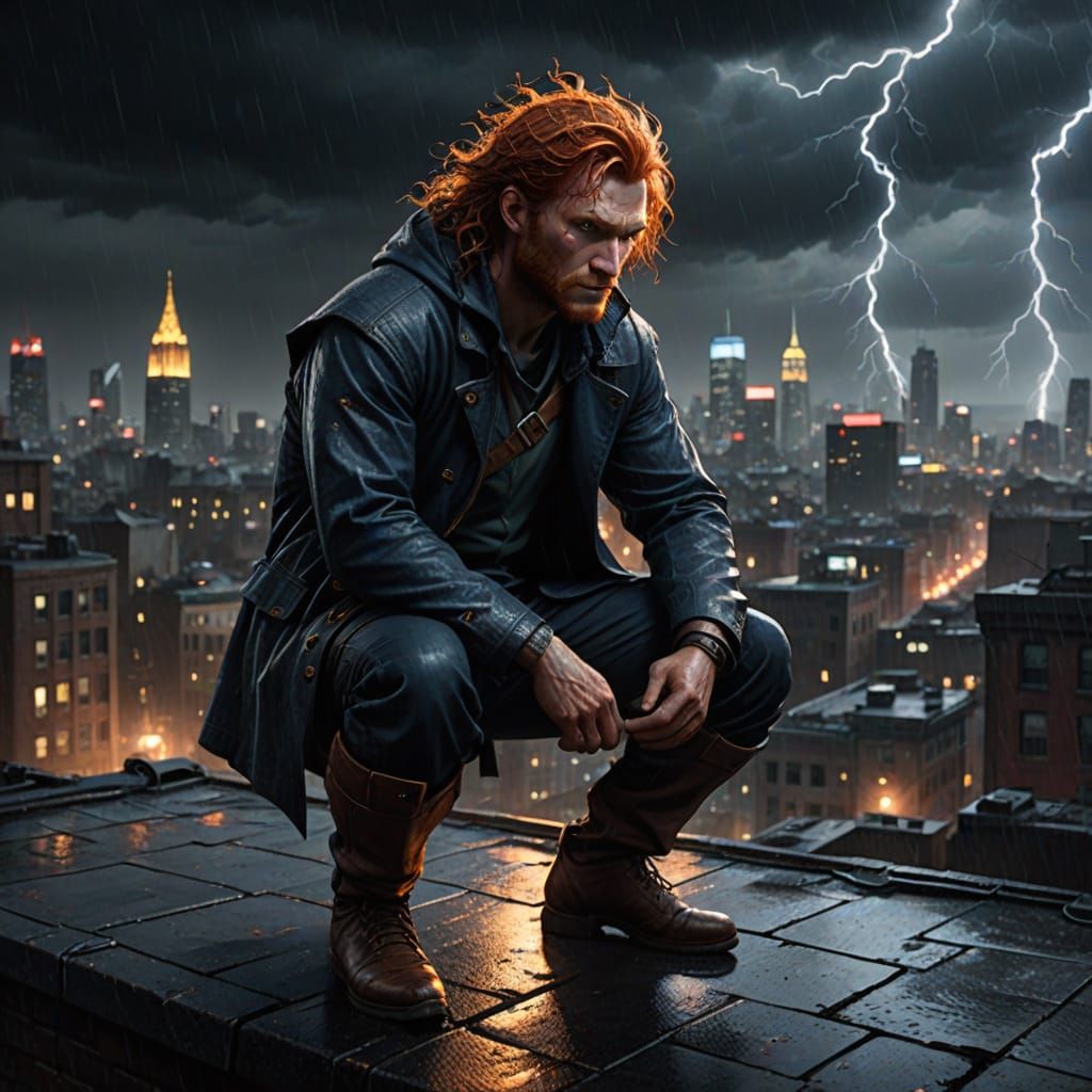 Dramatic Stormy Night Rooftop Scene in Vibrant Digital Art