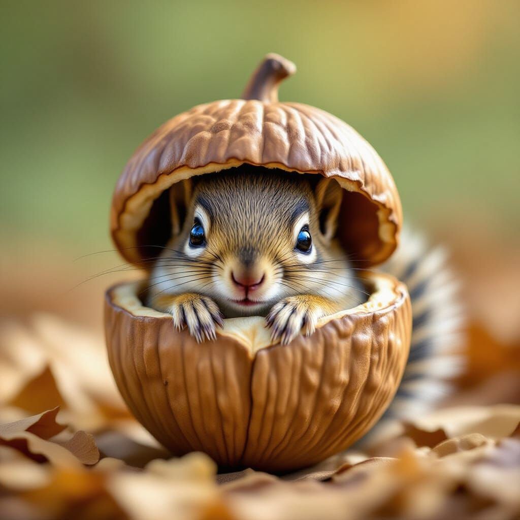 Cute Baby Squirrel Peeking From Acorn Hat