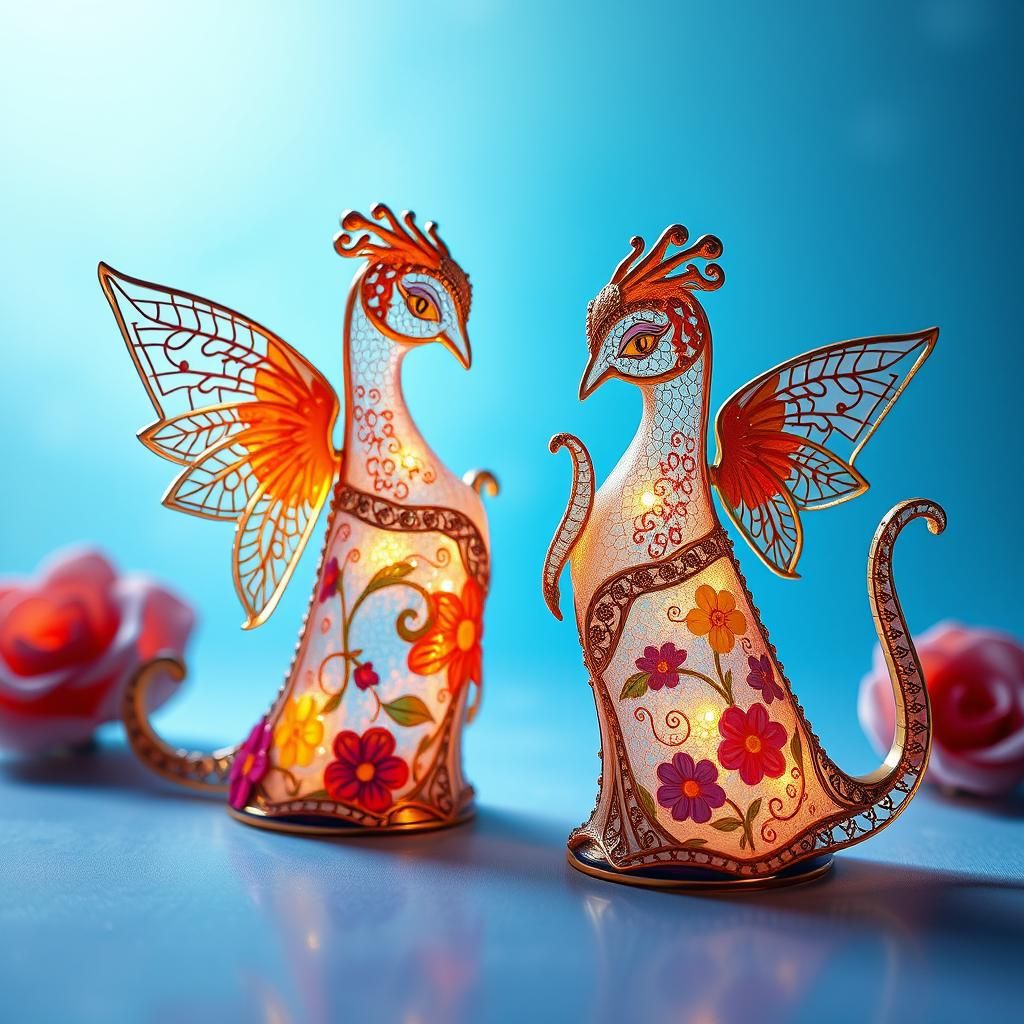 Enameled Glass Figurines with Floral Patterns